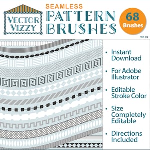 May include: A set of 68 seamless pattern brushes for Adobe Illustrator. The brushes feature a variety of geometric and abstract designs in black, white, and gray on a light blue background. The text "SEAMLESS PATTERN BRUSHES" is at the top of the image, and the text "68 Brushes" is in a circle at the top right. The text "PBR-02" is at the bottom right.