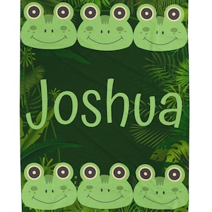 Personalized Cute Frog Rainforest Blanket for Kids, Custom Name Plush Velveteen Throw, Jungle Theme Baby Blanket in 3 Sizes, Cozy Gift Idea