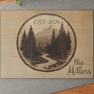 Personalized Mountains and Nature Wood Themed Cutting Board, Custom Chop Block Wedding Gift, Anniversary Gift, Engaged New Home Charcuterie