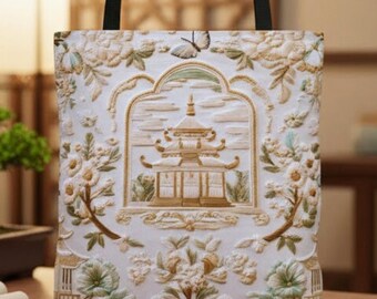 East Asian Floral Pagoda Zen Tote Bag, Faux Embroidered Japanese Blossoms Butterfly Carryall, Chinese Chinoiserie Aesthetic Temple Bag Gift