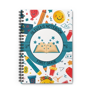 Cuaderno escolar personalizado para niños, diario en blanco divertido y coloreado, cuaderno en espiral - rayado con rayas, útiles escolares, regreso a la escuela, bloc de notas