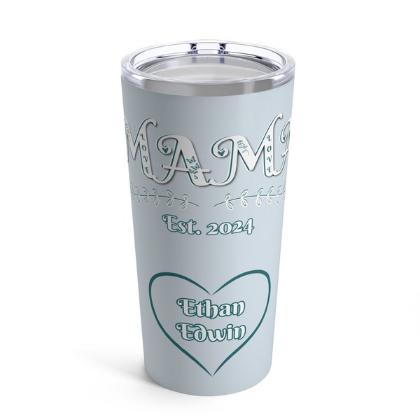 Gobelet personnalisé 20 oz pour la fête des mères, prénoms d'enfant personnalisés à l'intérieur du coeur et de l'est. année où vous êtes devenue maman, lettre MAMA en relief