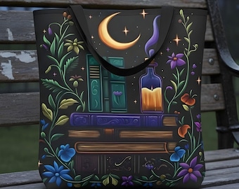Dark Academia Witchy Celestial Moon & Stars Botanisk tygväska, Blommig Whimsigoth Apothecary Axelväska, Coven Spell Books Bärväska Gåva