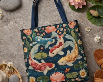 Koi Fish Tote Bag, Lotus Pond Floral Market Tote, Faux Embroidered Zen Garden Carryall Gift, Japanese Carp Inspired Reusable Shoulder Bag