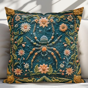 Cojín cuadrado con diseño de araña, diseño botánico, floral oscuro, estilo cottagecore, decoración gótica para el hogar, ideal para Halloween otoñal.