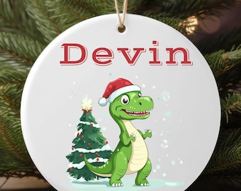 Personalized Dinosaur Christmas Ornament With Name for Kids, Customized Green T-Rex With Santa Hat Christmas Gift For Kids Keepsake