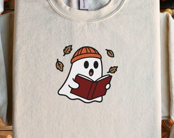 Sudadera bordada con temática de fantasmas y lectura de temporada espeluznante / Suéter acogedor de cuello redondo para amantes de los libros en otoño, regalo unisex para Halloween y libros, ropa de otoño