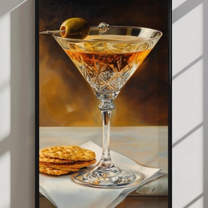 Dirty Martini And Cheese Crackers With Olive On Napkin Elegant Oil Painted Framed Wall Art, Quirky Cocktail Bar Kitchen Art Whimsical Print