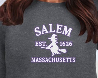 Embroidered Salem Witch Est. 1626 Massachusetts Vintage Sweatshirt, Cozy Halloween Spooky Season Crewneck Sweater, Festive Fall Outfit Gift