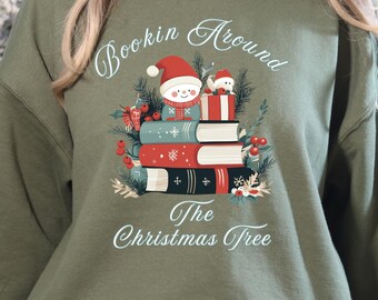 Bookin Around the Christmas Tree Cute Bookish Sweater, Holiday Winter Snowman Book Lover Christmas Book Tree Sweatshirt, Bookworm Gift
