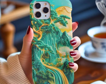 Asian Jade 3d Carving Phone Case, Luxury Green Gold Tree Phone Cover For Iphone, Google, Samsung, Chinese Landscape Nature Art Gift Case