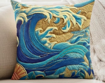 Ocean Waves Zippered Square Pillow, Faux Embroidered Coastal Cushion, Nautical Beach House Decor, Summer Ocean Gift, Boho Surf Art Accent