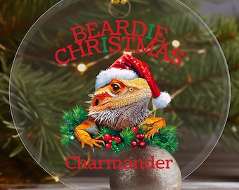 Custom Bearded Dragon Christmas Tree Ornament, Personalized Beardie Christmas Gift Glass Tree Decor, Bearded Dragon Ornament With Name