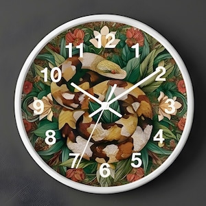 Horloge murale en bois décorative de jungle enroulée de python, horloge botanique de serpent, cadeau d'amant de reptile, art de serpent inspiré de nature florale foncée