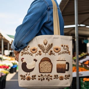Rustic Boho Chic Farmhouse Baking Tote Bag, Faux Embroidered Chicken Bread Coffee Carryall, Floral Country Market Harvest Shoulder Bag Gift