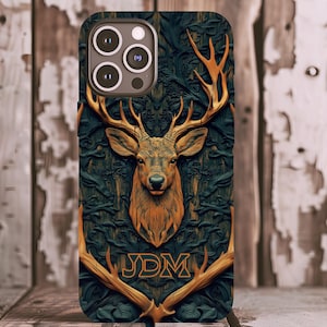 Personalized Faux Engraved 3D Rustic Wooden Manly Deer Carved Phone Case, Buck Hunting Nature Lover Gift, iPhone Samsung Google Pixel Cover