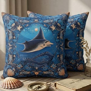 Celestial Manta Ray Sea Life Throw Pillow Gift, Ocean Nautical Decor Cushion, Whimsigoth Coastal Accent, Faux Embroidered Square Pillow