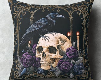 Dark Floral Moody Gothic Skull & Raven Pillow, Whimsigoth Dark Academia Home Decor Accent, Spooky Witchy Skeleton Roses Bird Throw Pillow