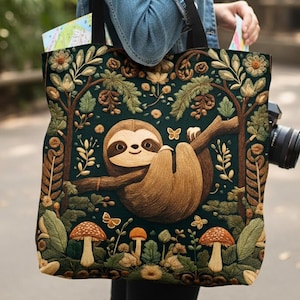 May include: A dark green tote bag featuring a cartoon sloth hanging from a tree branch. The bag has a forest theme with mushrooms, butterflies, and floral elements. The bag has black handles.