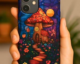 Stained Glass Mushroom Phone Case, Celestial Cottagecore Floral Garden Fantasy Hülle | Verzauberte Natur-Liebhaber-Geschenk | iPhone, Samsung, Google