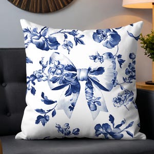 French Chinoiserie Decorative Coquette Floral Bow Pillow, Home Sofa Cushion Elegant Blue & White Accent Toile De Jouy Home Decor Pillow