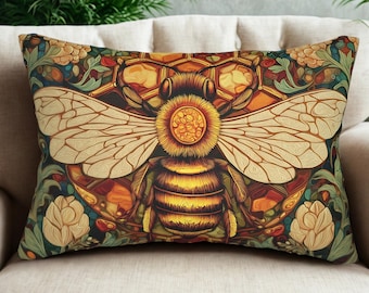 Almohada lumbar con diseño de abeja y flores de melancolía, cojín rústico bohemio estilo cottagecore con diseño de abejorro, decoración rústica Art Nouveau, regalo con un toque de insectos para el jardín.