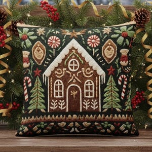 Cozy Christmas Themed Decorative Throw Pillow, Faux Embroidered Gingerbread House Candy Cane Cushion, Festive Floral Holiday Accent Gift