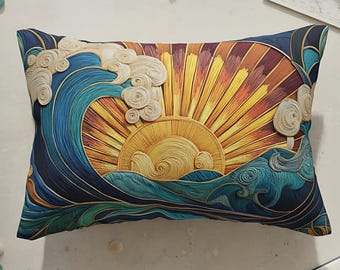 Ocean Sunrise Waves Lumbar Pillow, Faux Embroidered Coastal Decor Beach House Cushion, Boho Nautical Throw, Beach Lover Sea Sun Accent Gift