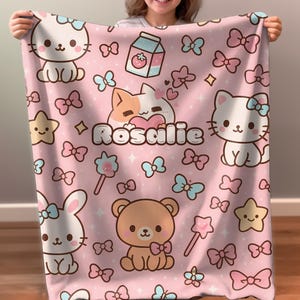 Cute Kawaii Personalized Fleece Blanket Gift For Girls, Custom Name Pink Anime Baby Animals Throw Cover for Girls,  Kids Nursery Room Decor