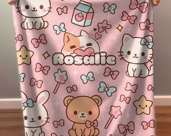 Cute Kawaii Personalized Fleece Blanket Gift For Girls, Custom Name Pink Anime Baby Animals Throw Cover for Girls,  Kids Nursery Room Decor