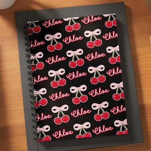 Personalized Cherry Coquette Spiral Notebook, Custom Name Journal For Girls, Pink Bow Cherries Ruled Student Planner, Back to School Gift