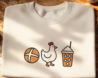 Broderad kyckling iskaffe surdegsbröd gårdsstativ bakikoner tröja, söt mysig boho matlagning jordbruk rund hals tröja present