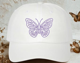 Gorra ajustable con mariposa morada bordada, elegante y minimalista, con bordado de mariposas e insectos, estilo cottagecore natural.