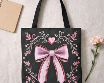 Moody Floral Coquette Pink Ribbon Tote Bag, Preppy Balletcore Botanical Hearts & Bow Shopping Tote, Aesthetic Soft Girl Accessory Carryall