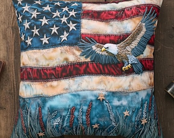 Rustic Patriotic American Flag Decorative Square Pillow, USA Bald Eagle Cushion, Americana Sofa Accent, Memorial Day July 4th Veteran Gift