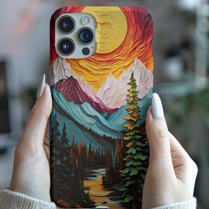 Custodia per telefono con intaglio rustico colorato in legno, montagna innevata, foresta, fiume, tramonto, paesaggio naturale 3D, per iPhone e telefoni Samsung