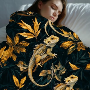 Bearded Dragon Dark Floral Nature Velveteen Plush Blanket, Colorful Beardie Cover, Cozy Throw Gift For Reptile Dragon Lovers, Beardy Decor