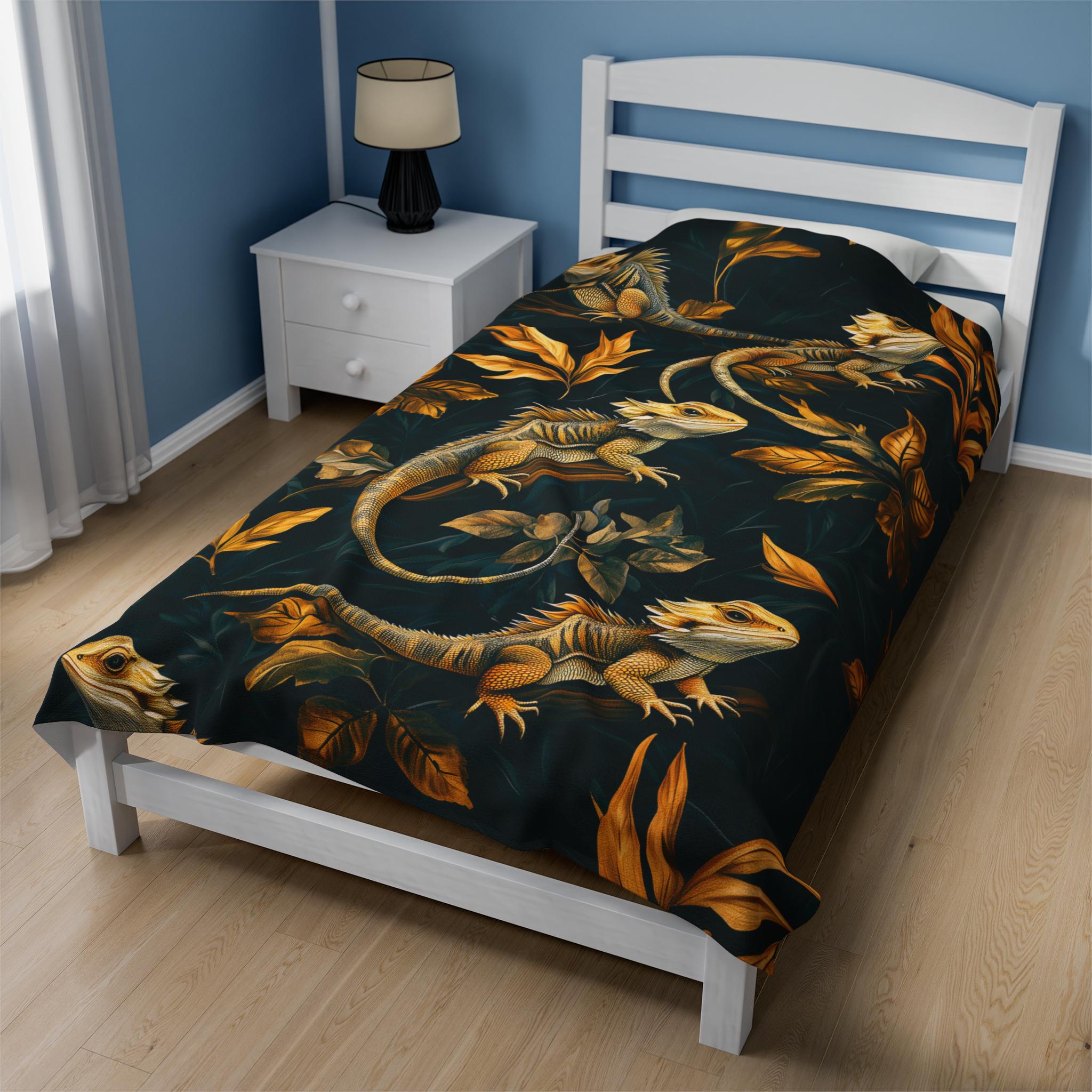 Bearded Dragon Dark Floral Nature Velveteen Plush Blanket, Colorful ...