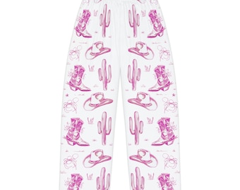 Vintage Pink Cowgirl Western Themed Womens Pjs, Cowboy hat and Cowboy Boots, Cactus lassos and tumbleweeds, Desert Dreamer cozy loungewear