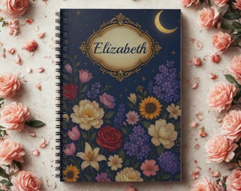 Personalized Celestial Night Sky Wildflowers Spiral Notebook, Custom Name Botanical Moon Stars Cosmic Flowered Journal, Goth BookClub Gift