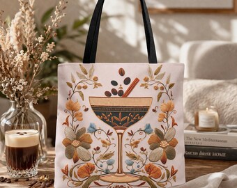 Espresso Martini Tote Bag Gift For Coffee Lovers, Boho Floral Cocktail Reusable Market Bag Carryall, Faux Embroidered Botanical Shoulder Bag