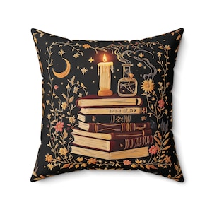 Dark Academia bloemen gotisch leesgrage sierkussen, Witchy Vibes literair boekenliefhebber bibliotheekaccent, Celestial Stars Moon Reading kussen cadeau afbeelding 4