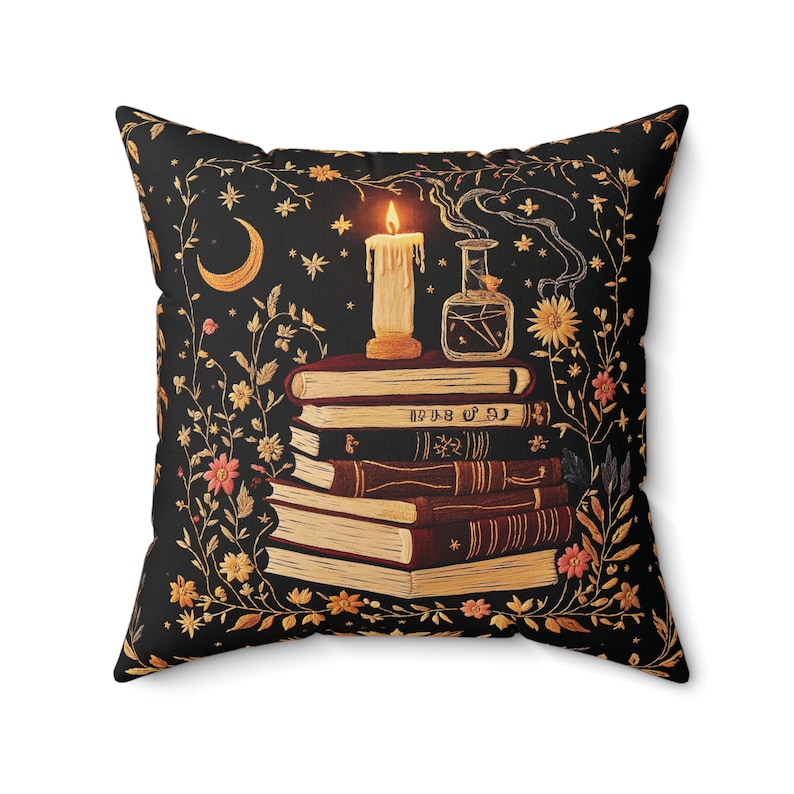 Dark Academia bloemen gotisch leesgrage sierkussen, Witchy Vibes literair boekenliefhebber bibliotheekaccent, Celestial Stars Moon Reading kussen cadeau afbeelding 4