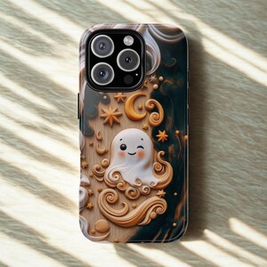 Cute 3D Carved Wood Kawaii Ghost Halloween Phone Case, Spooky Season Celestial Stars Moon Holiday Phone Cover For iPhone Samsung Google image 2