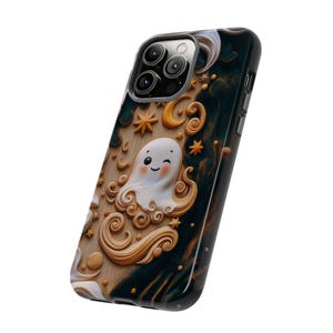 Cute 3D Carved Wood Kawaii Ghost Halloween Phone Case, Spooky Season Celestial Stars Moon Holiday Phone Cover For iPhone Samsung Google image 5
