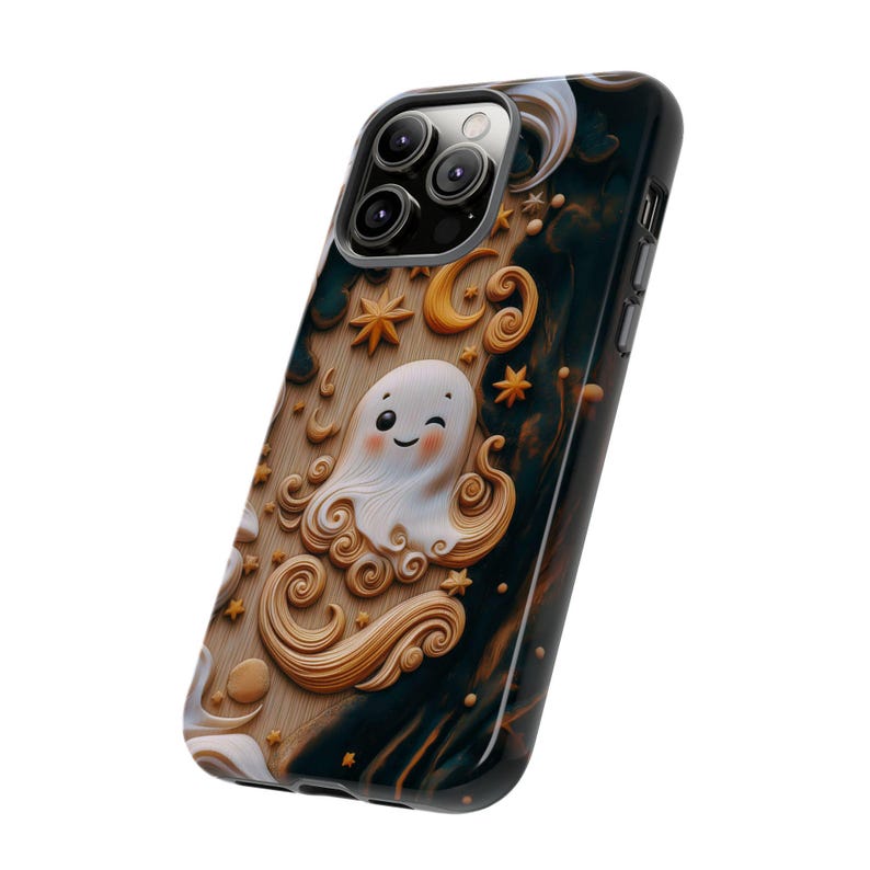 Cute 3D Carved Wood Kawaii Ghost Halloween Phone Case, Spooky Season Celestial Stars Moon Holiday Phone Cover For iPhone Samsung Google image 5
