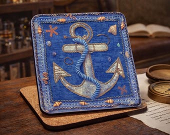 Nautical Anchor Coaster Set of 4, Coastal Beach House Decor, Blue Maritime Tabletop Gift, Glossy Cork Back Drink Coasters