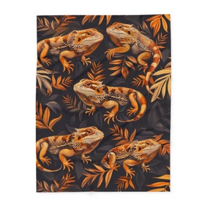 Bearded Dragon Custom Arctic Fleece Blanket Gift, Orange Beardie Pattern With Leaves, Three Diff Sizes, Bearded Dragon Home Decor Cover