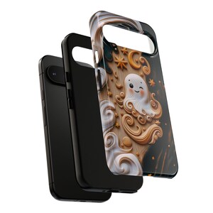 Cute 3D Carved Wood Kawaii Ghost Halloween Phone Case, Spooky Season Celestial Stars Moon Holiday Phone Cover For iPhone Samsung Google image 6
