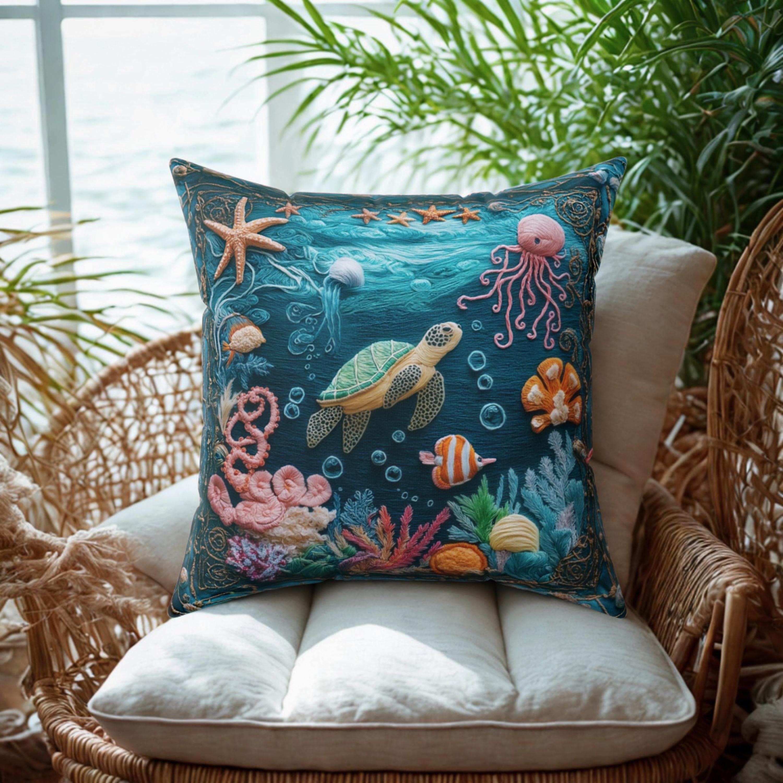 海洋生物刺繍クッション 長方形 刺繍図案配布］深海生物の刺繍と